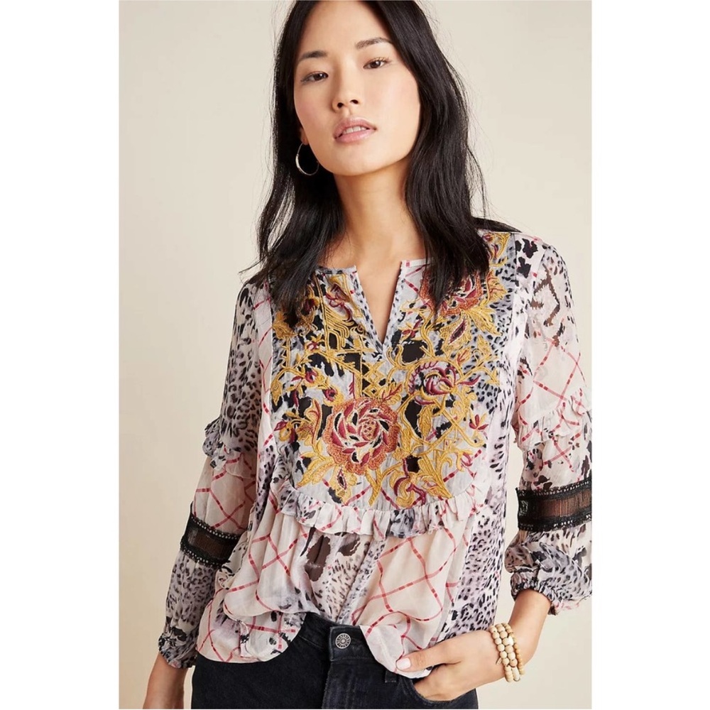 ANTHROPOLOGIE Mathilda Mixed Print Boho Peasant Top
